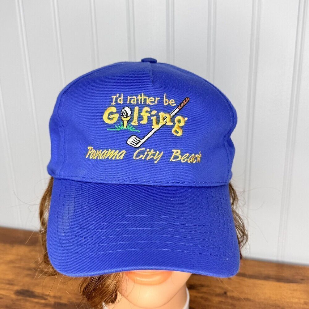 VINTAGE "I'd rather be golfing" Blue Strap Back Hat Cap Panama City Beach 90s